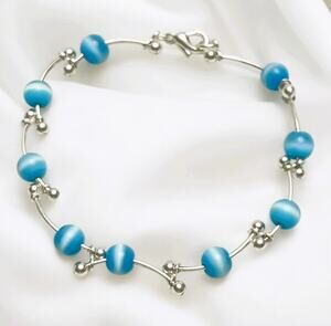 Vintage Light Blue Cat's Eye Glass Beads, Curved Silver Bars & Balls Bracelet